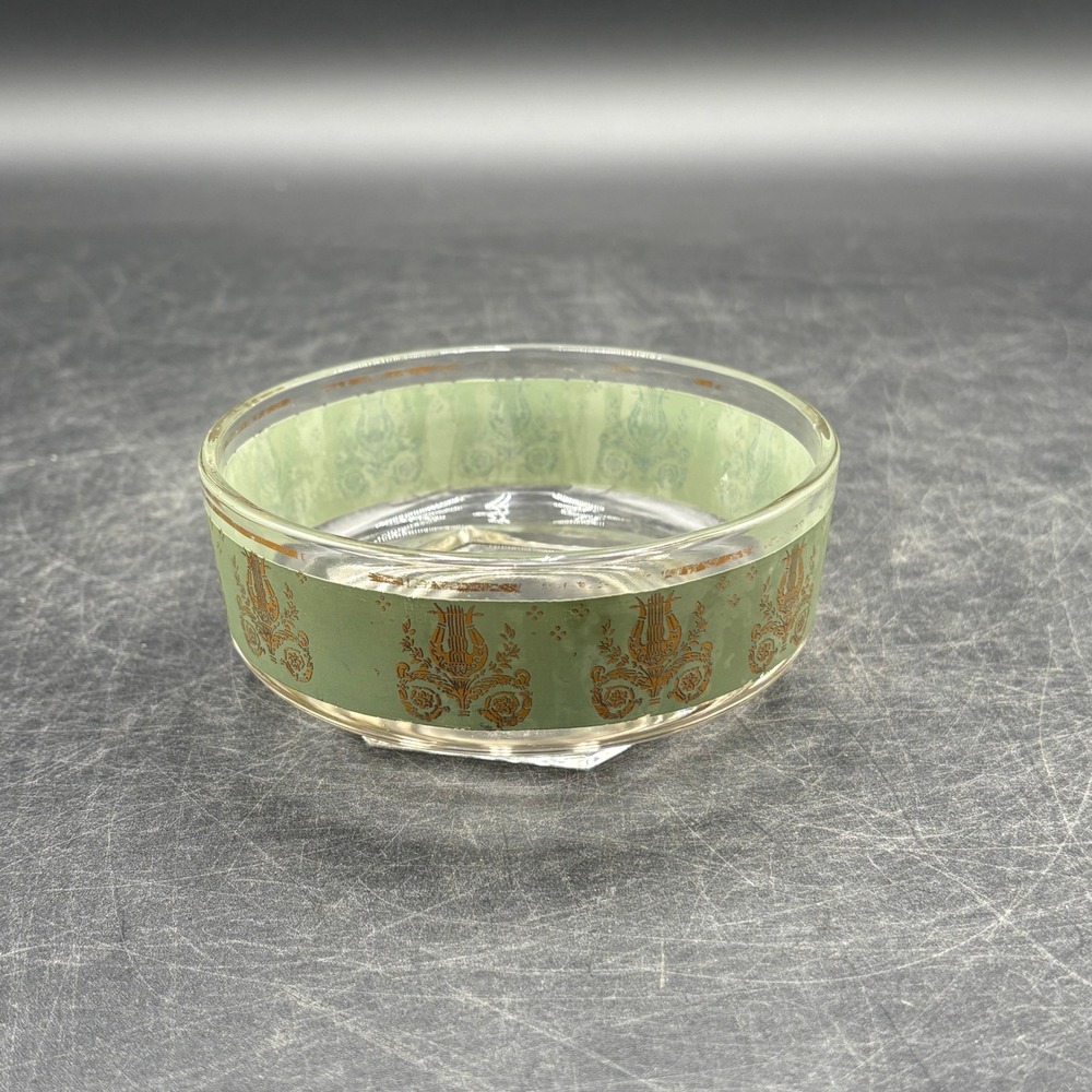 Vtg Culver 1950s 22K Gold Green Harp Pattern Glass Serving Bowl Hexagon Base